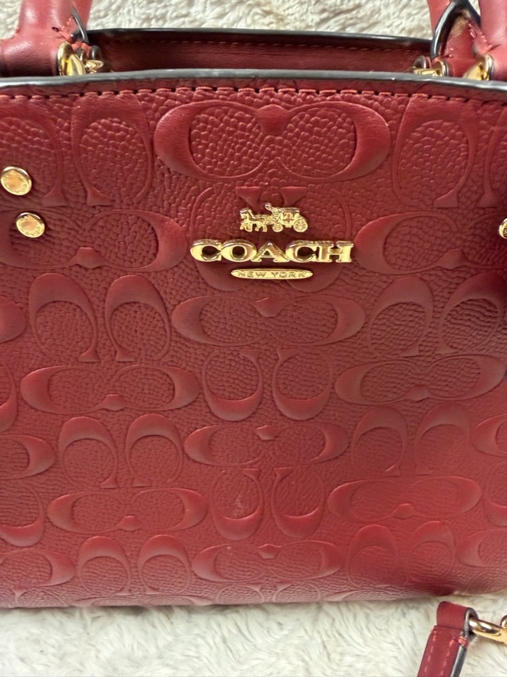 Coach Wine Embossed Leather Satchel with Gold Chain Strap - Picture 2 of 12
